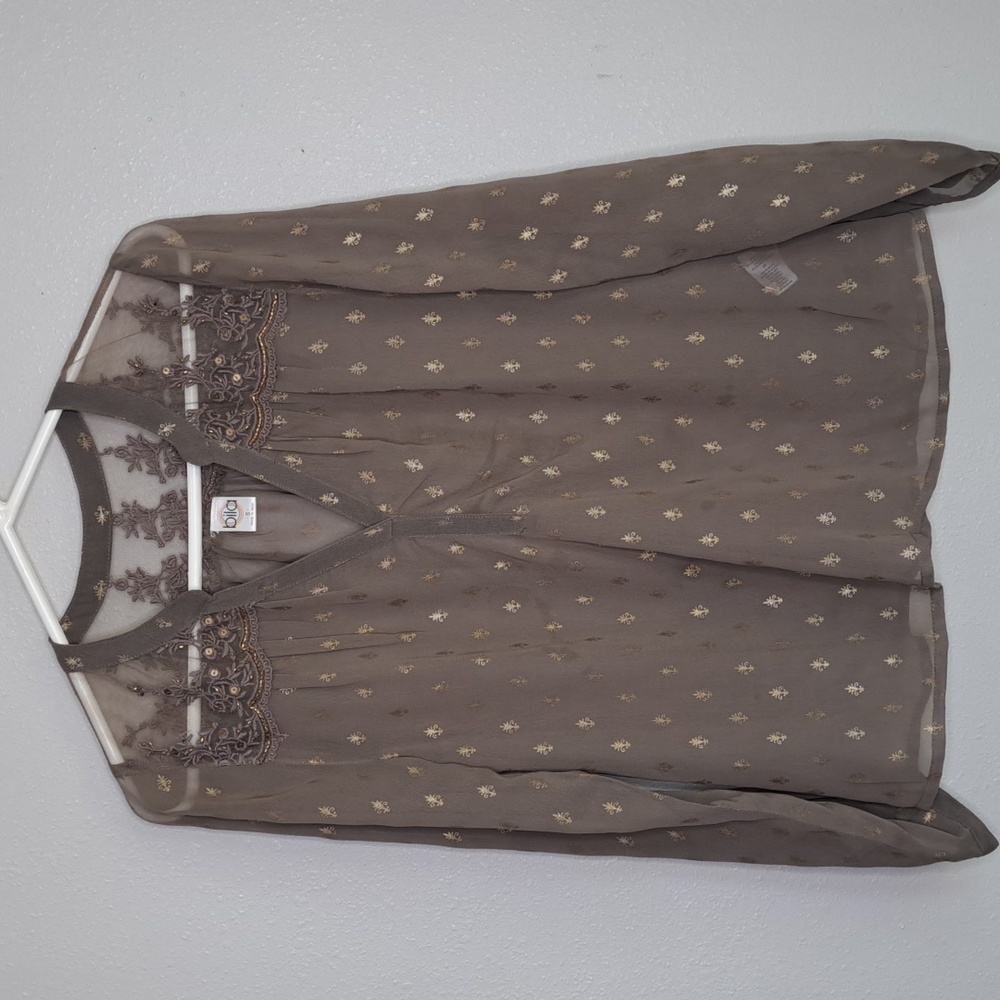 Bila Sheer Blouse Embroidered Boho Top Women's Size Small Brown
